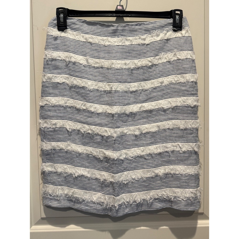 J.McLaughlin Womens Blue White Striped Linen Fringed Pencil Skirt Size 4 Lined